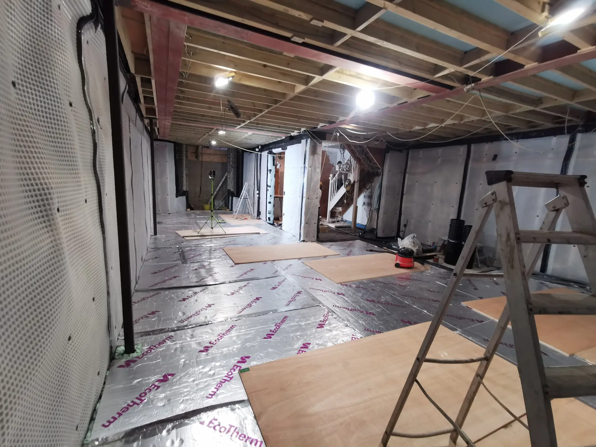 Basement construction in Chiswick with thermal insulation and waterproofing installed to protect the space and keep it dry and energy-efficient