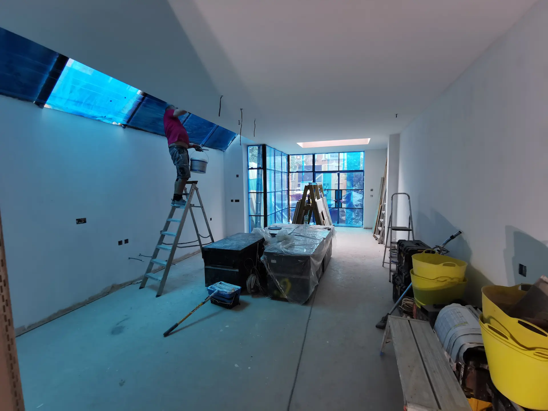 Open-plan kitchen in Chiswick extension during interior decoration stage