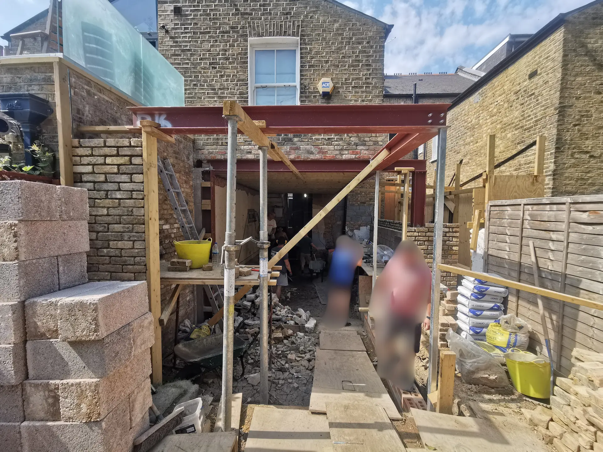 Steel beams and columns being installed for rear extension in Chiswick