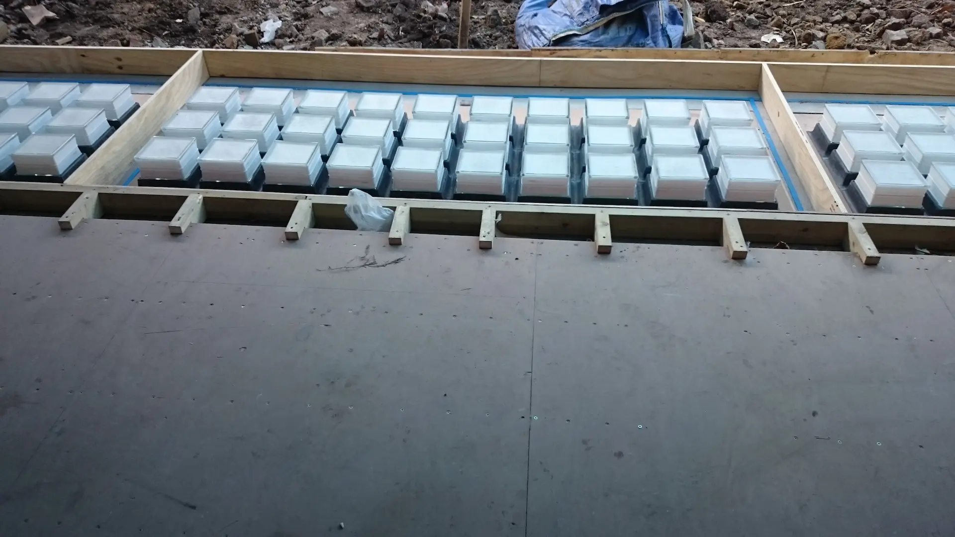 Chiswick house refurbishment with Luxcrete glass cubes in place, ready for reinforcement installation